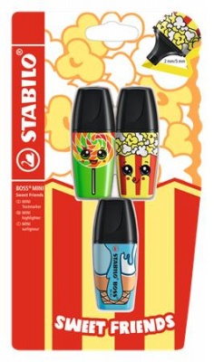 Szövegkiemelő készlet, 2-5 mm, STABILO "Boss Mini Sweet Friends", 3 különböző szín